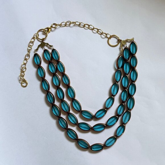 💙 Teal Blue Beaded Statement Necklace 3-Strand Gold Hardware - Picture 1 of 8